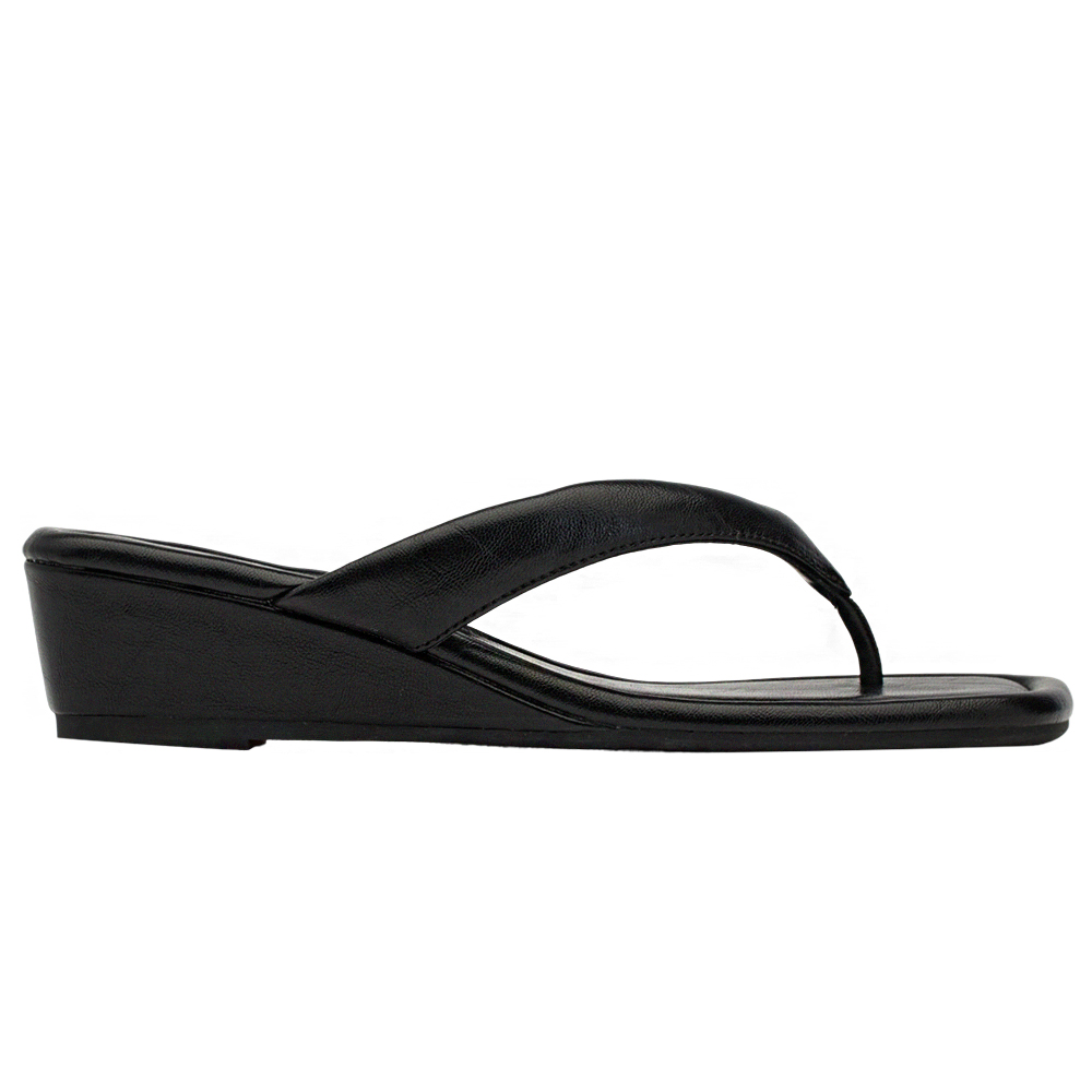 GraceGift 平價女鞋 時尚秀場 方頭 韓系慵懶人字中跟拖鞋 黑色