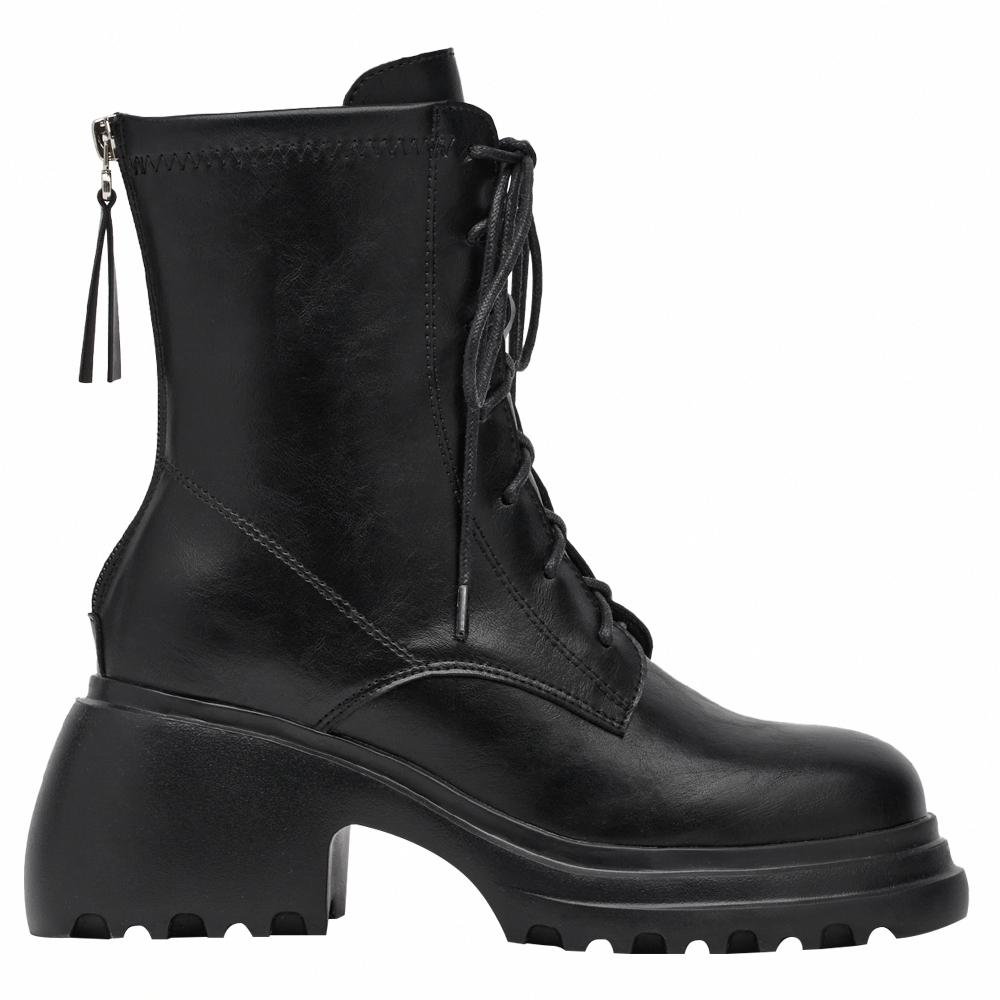 韓團必備圓頭輕量厚底綁帶短靴 黑