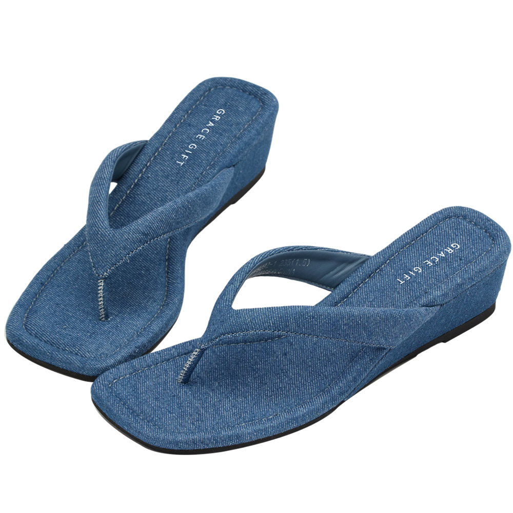 GraceGift 平價女鞋 時尚秀場 方頭 韓系慵懶人字中跟拖鞋 牛仔