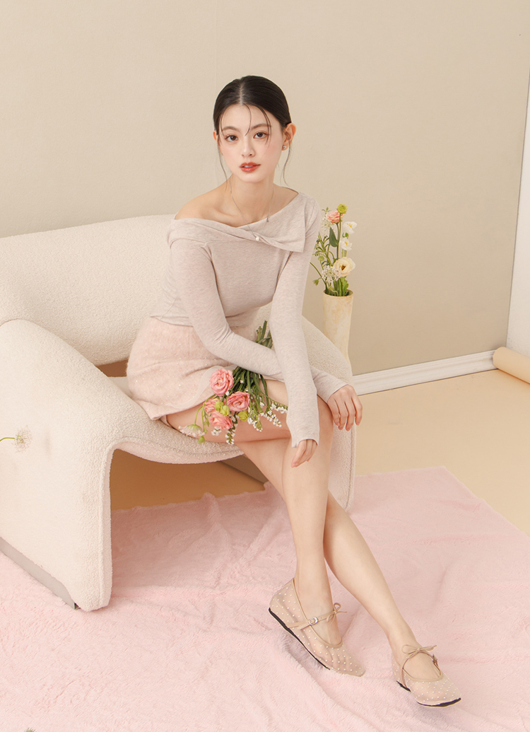 GraceGift平價女鞋 日系水玉 蝴蝶結網紗 內增高瑪莉珍鞋 卡其色