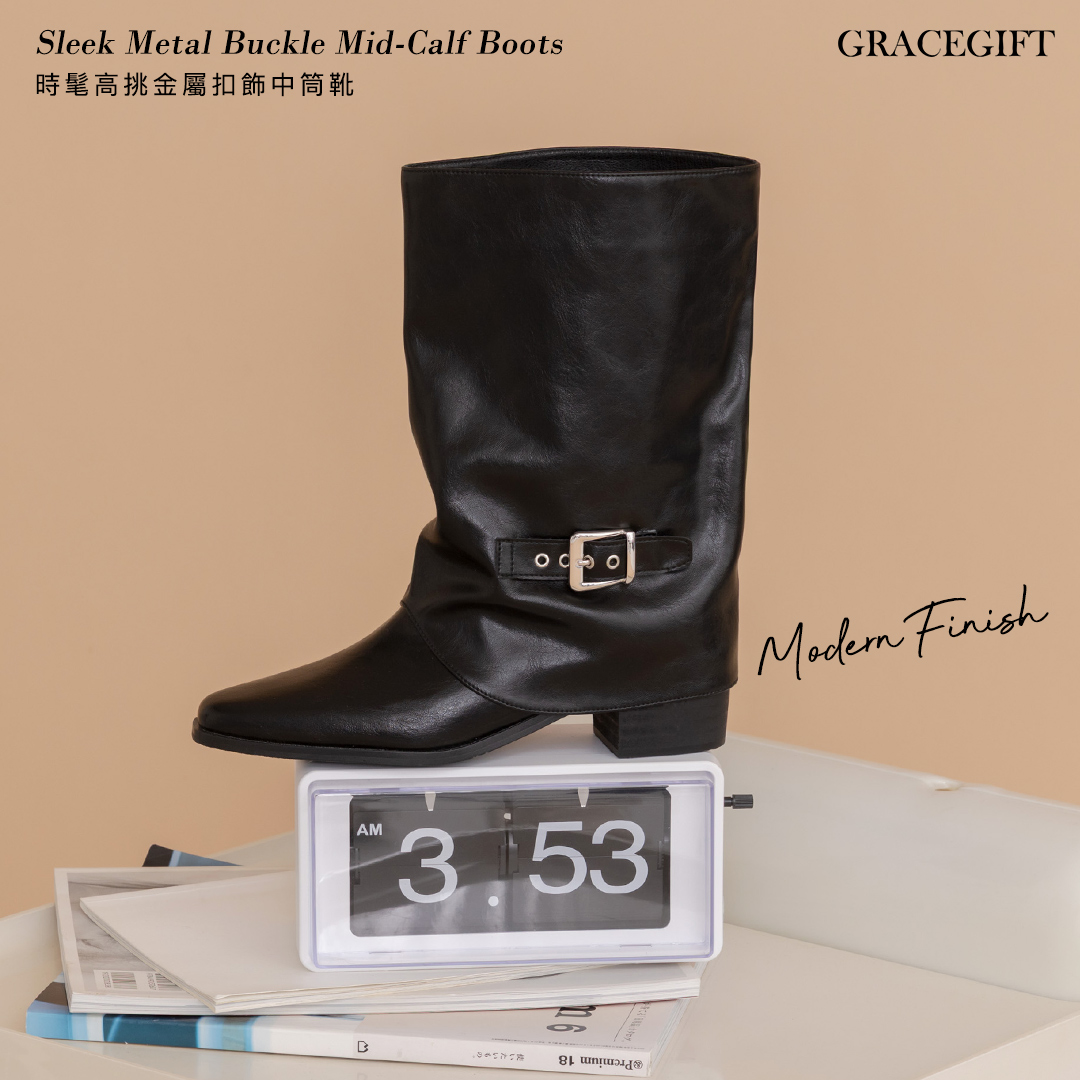 Grace Gift 90s復古釦帶5cm內增高尖頭黑色褲管中筒靴