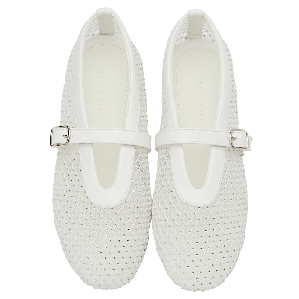 Grace Gift 平價女鞋 夢幻細鑽 編織網面瑪莉珍鞋 白色 平底瑪莉珍鞋 實拍圖