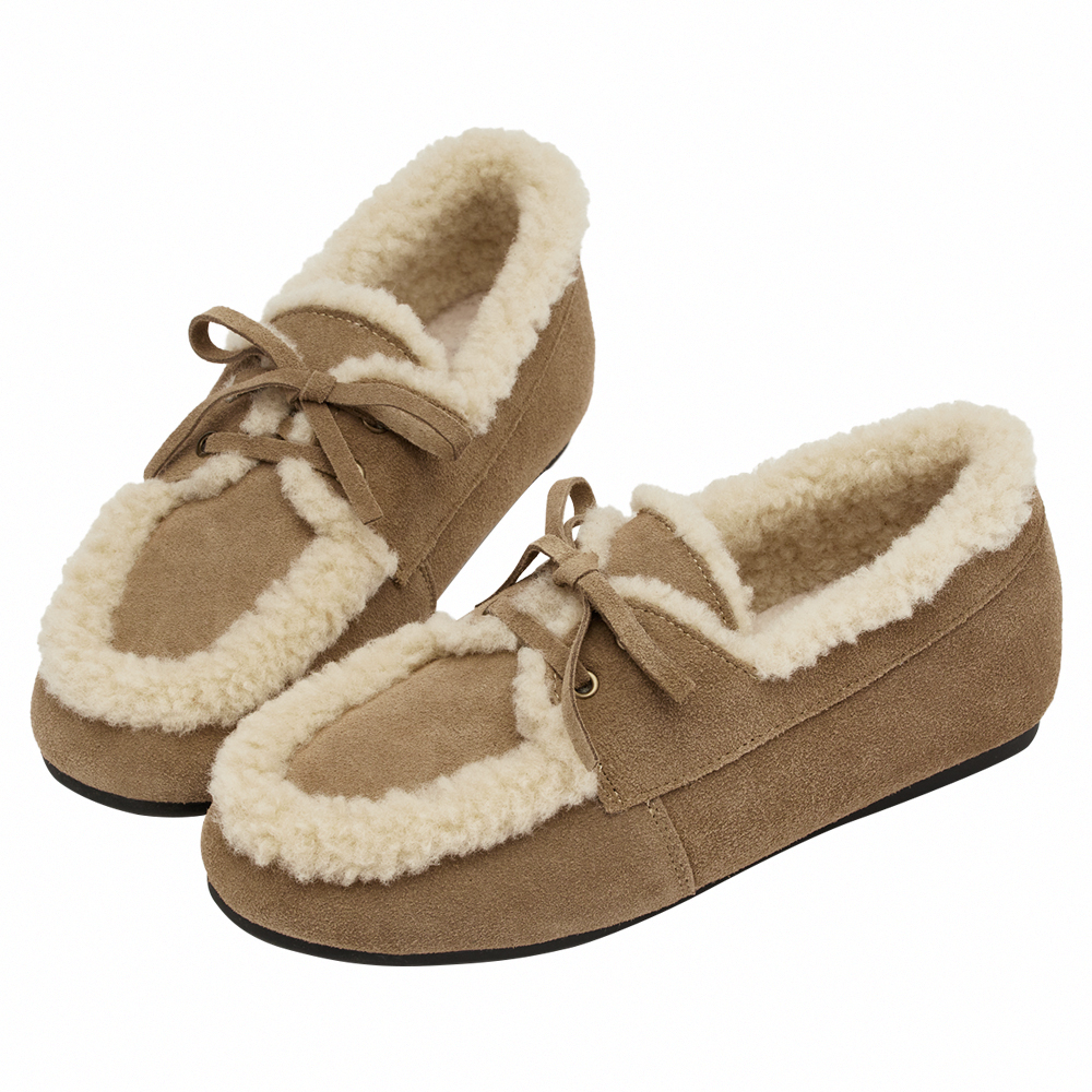 復古暖意真皮羊羔毛莫卡辛鞋 駝