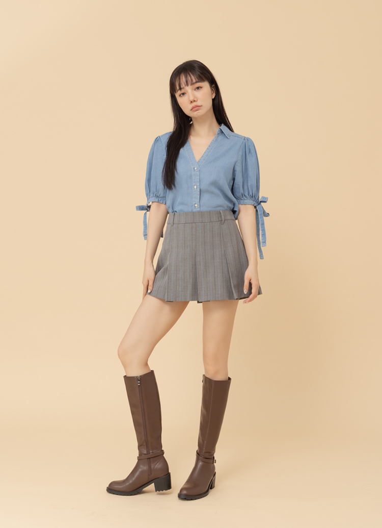 Grace Gift 平價女鞋 經典剪裁 2WAY皮帶釦長靴 咖色 中跟長靴 實拍圖