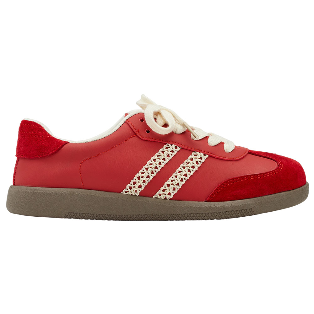 GraceGift 平價女鞋 復古摩登 真皮拼接薄底德訓鞋 附柔光紗帶 正紅色 實品圖