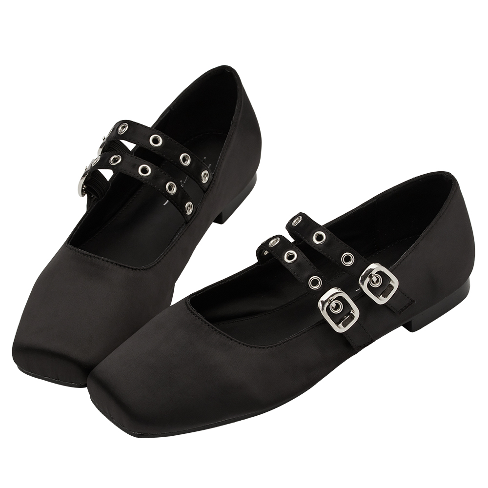 李柔聯名-甜酷序曲方頭金屬雙帶芭蕾舞瑪莉珍鞋 黑