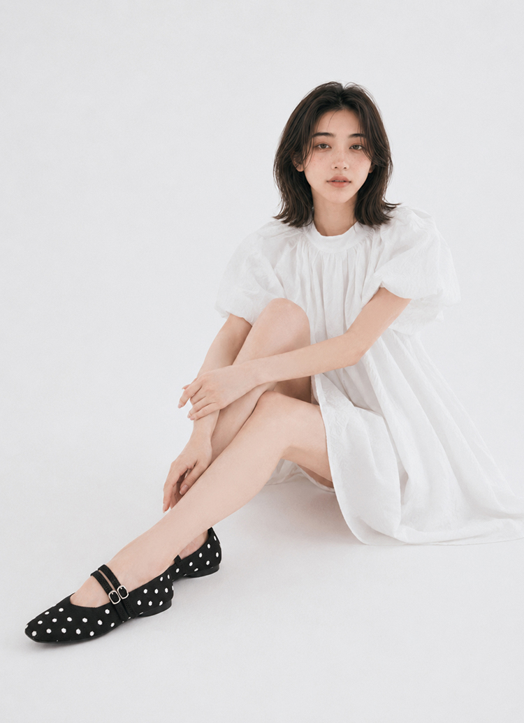GraceGift平價女鞋 零著感柔織雙帶平底瑪莉珍鞋 黑白點