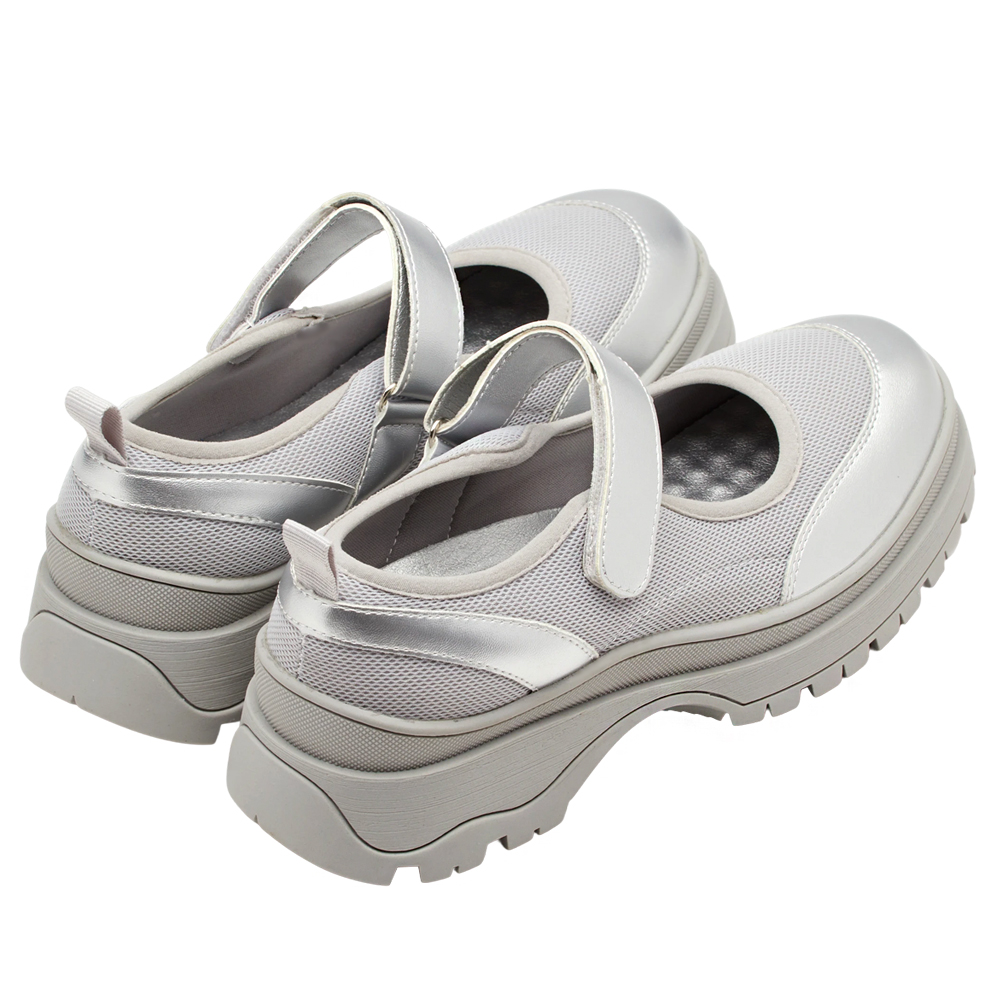 輕運動風拼接魔鬼氈瑪莉珍運動鞋 銀