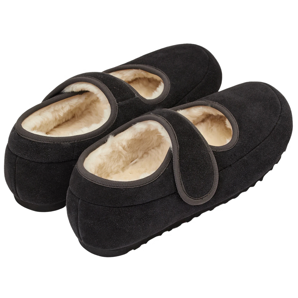 輕甜冬日真皮毛毛輕量瑪莉珍平底鞋 黑