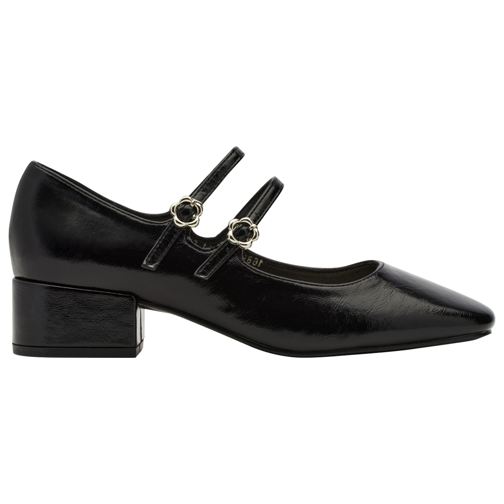 GraceGift平價女鞋 時尚秀場 方圓頭 瑪黑穿搭小花扣環雙帶中跟瑪莉珍鞋 黑色