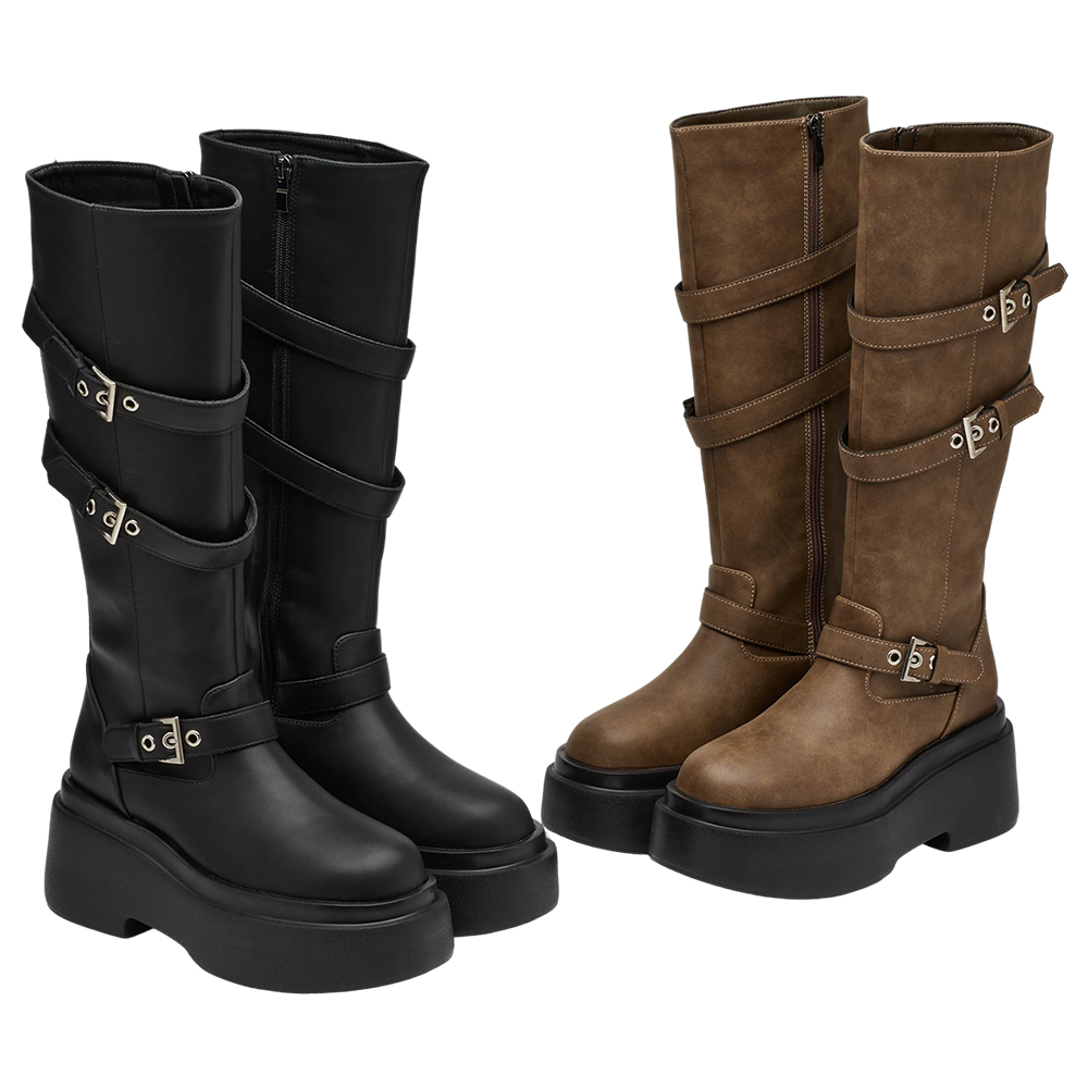 悅悅聯名-紐約街頭刷色扣環輕量厚底長靴 棕