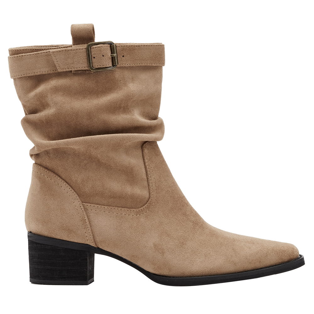 悅悅聯名-都會格調尖頭絨布2way堆堆低跟西部靴 卡其