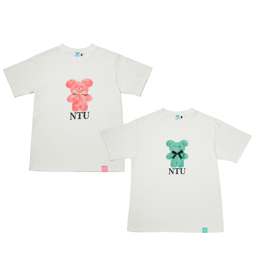 GraceGift Wasabi Bear聯名 Wasabi Bear X NTU粉芥末熊蝴蝶結印花情侶短袖T恤 粉色