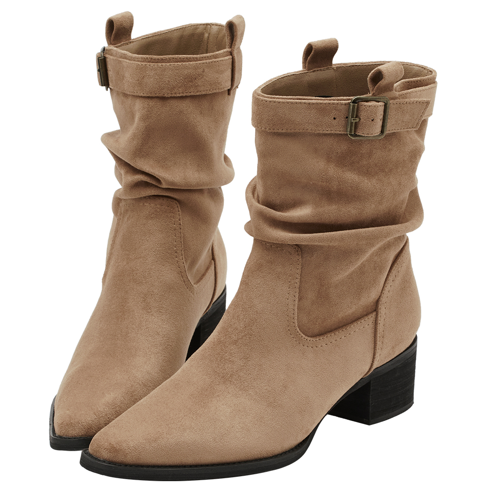 悅悅聯名-都會格調尖頭絨布2way堆堆低跟西部靴 卡其