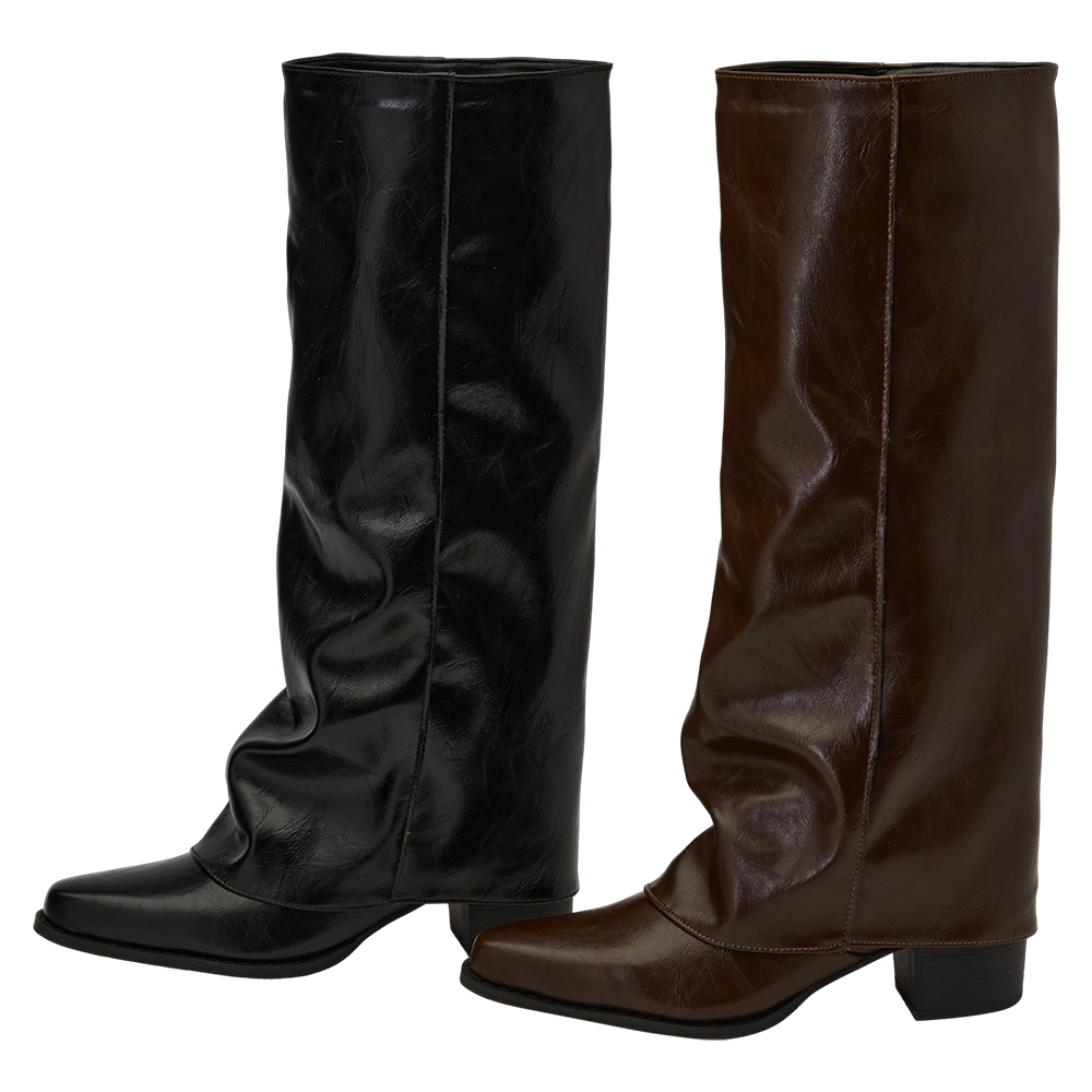 時尚秀場尖頭中跟堆堆褲管長靴 咖