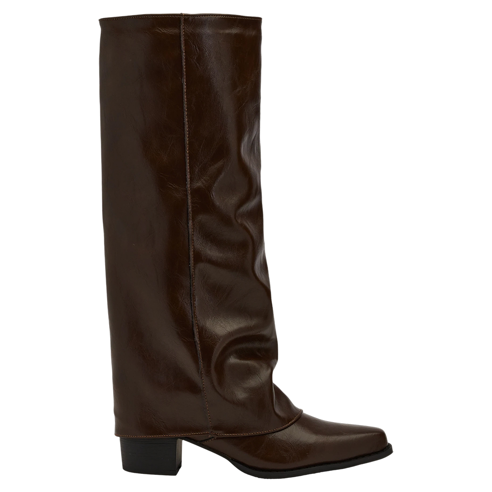 時尚秀場尖頭中跟堆堆褲管長靴 咖