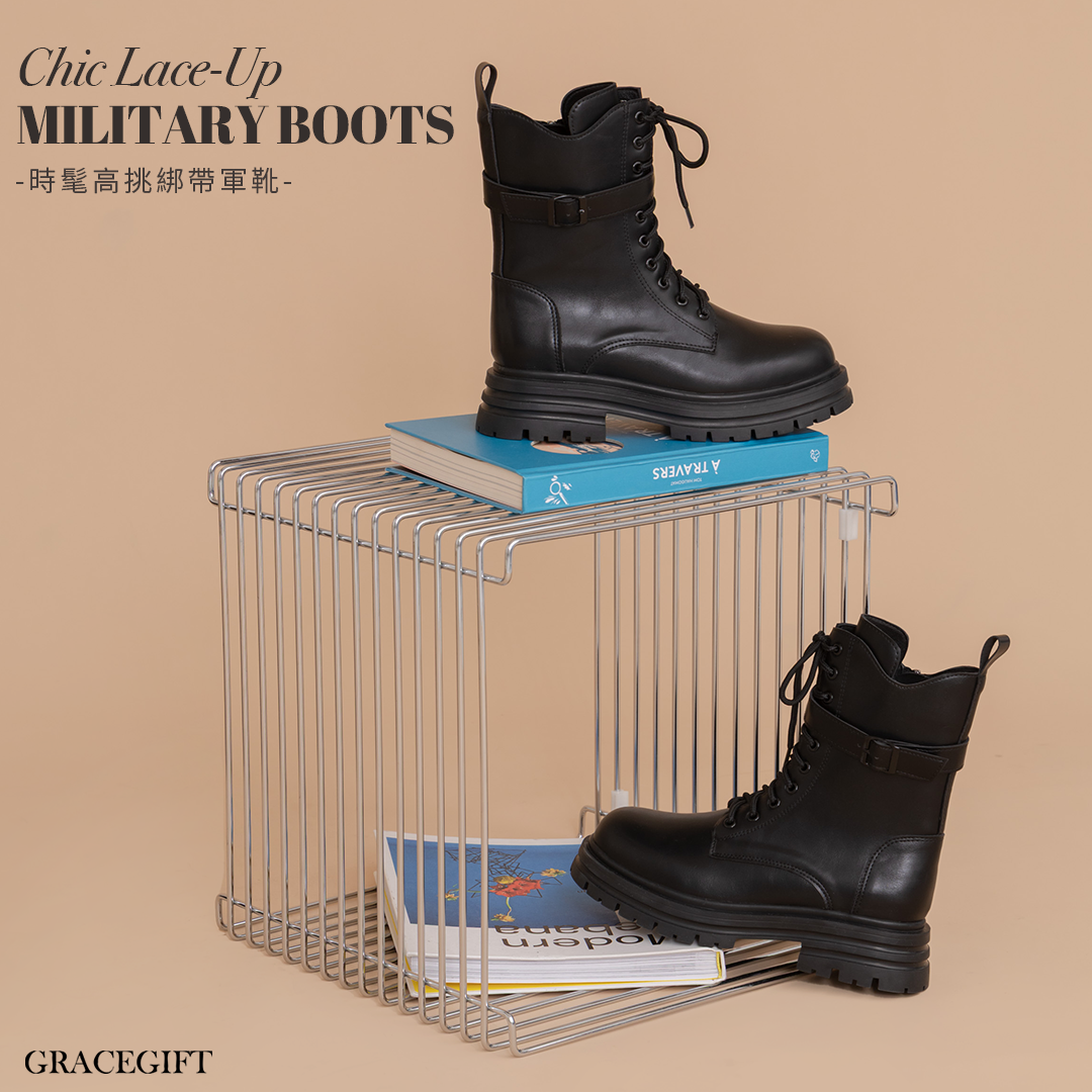GraceGift平價女鞋 甜酷必備率性釦帶厚底綁帶短靴、黑色厚底短靴