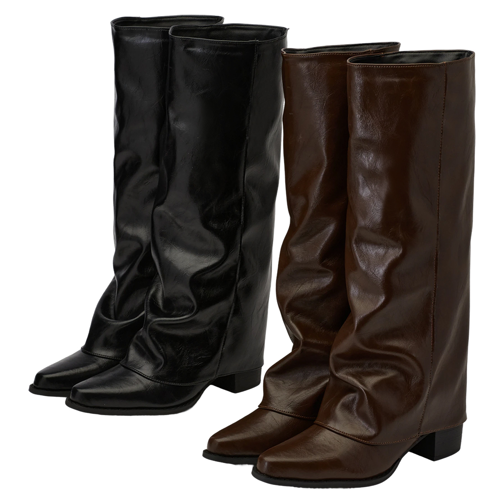 時尚秀場尖頭中跟堆堆褲管長靴 咖