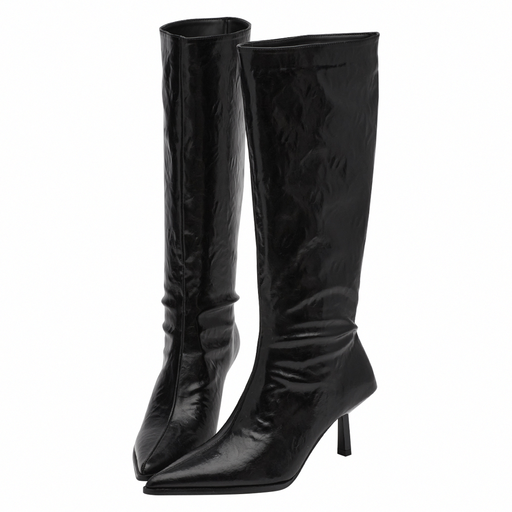 悅悅聯名-高級冷感漆皮尖頭細跟及膝長靴 黑