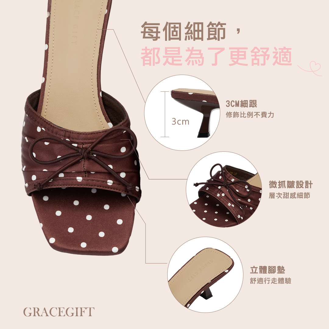 GraceGift平價女鞋 時尚秀場 方頭 復古輕熟波點蝴蝶結細跟拖鞋 灰色