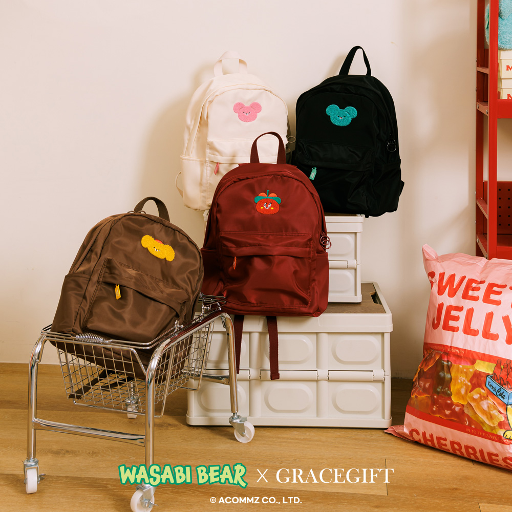 GraceGift Wasabi Bear聯名 芥末熊 吊牌輕便尼龍後背包 黑色 實拍圖