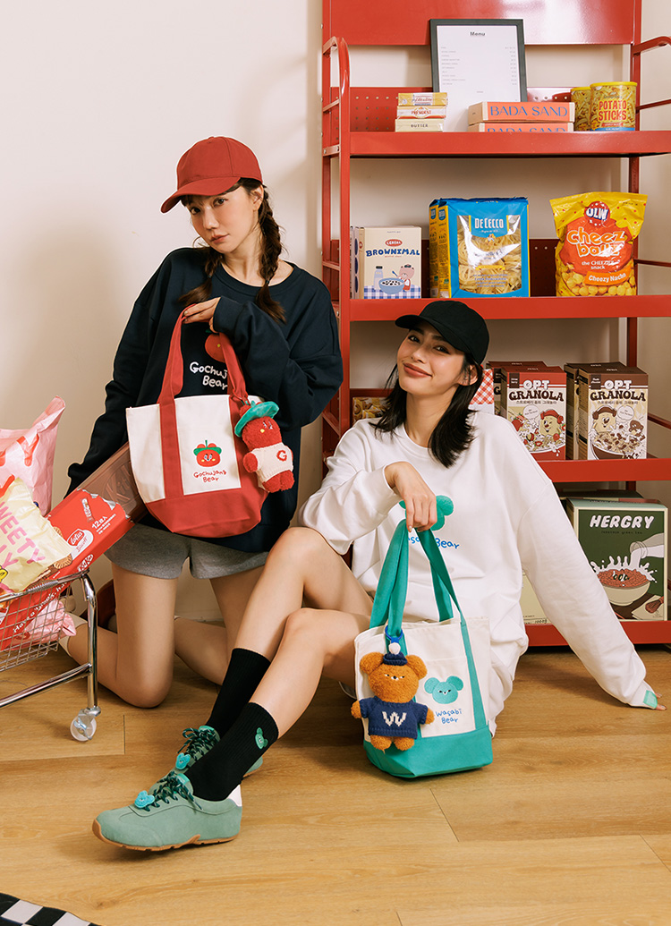 GraceGift Wasabi Bear聯名 芥末熊 撞色口袋肩背帆布包 藍綠色