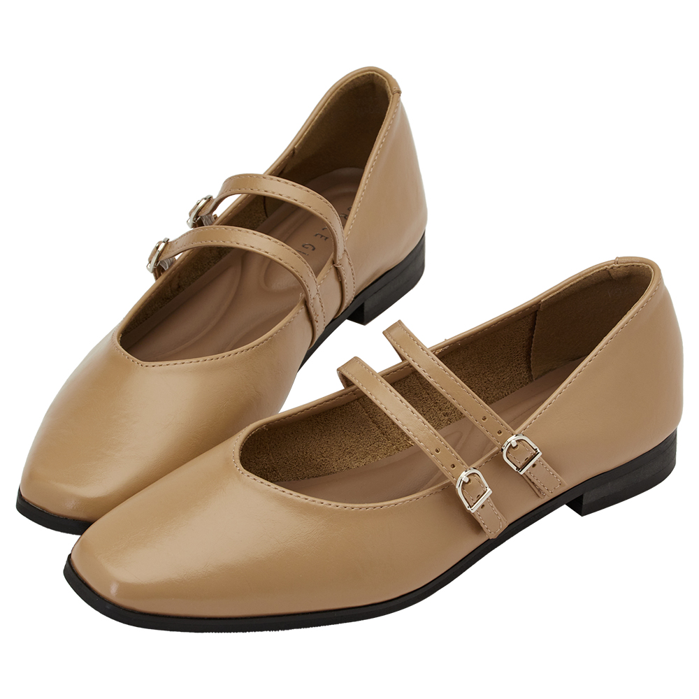 GraceGift 微甜方頭瑪麗珍鞋 雙帶瑪莉珍 卡其色 實拍圖