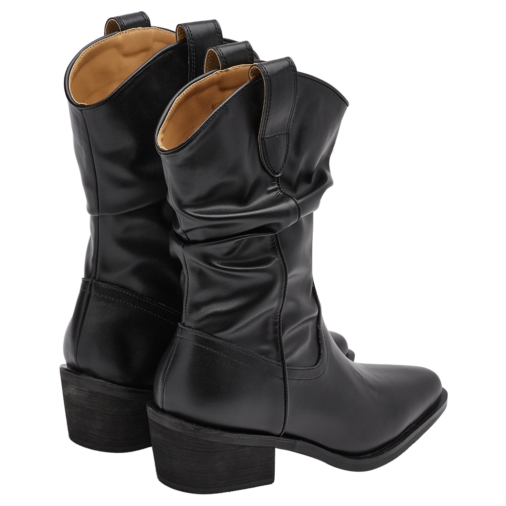 波希米亞尖頭V口皮革堆堆西部靴 黑