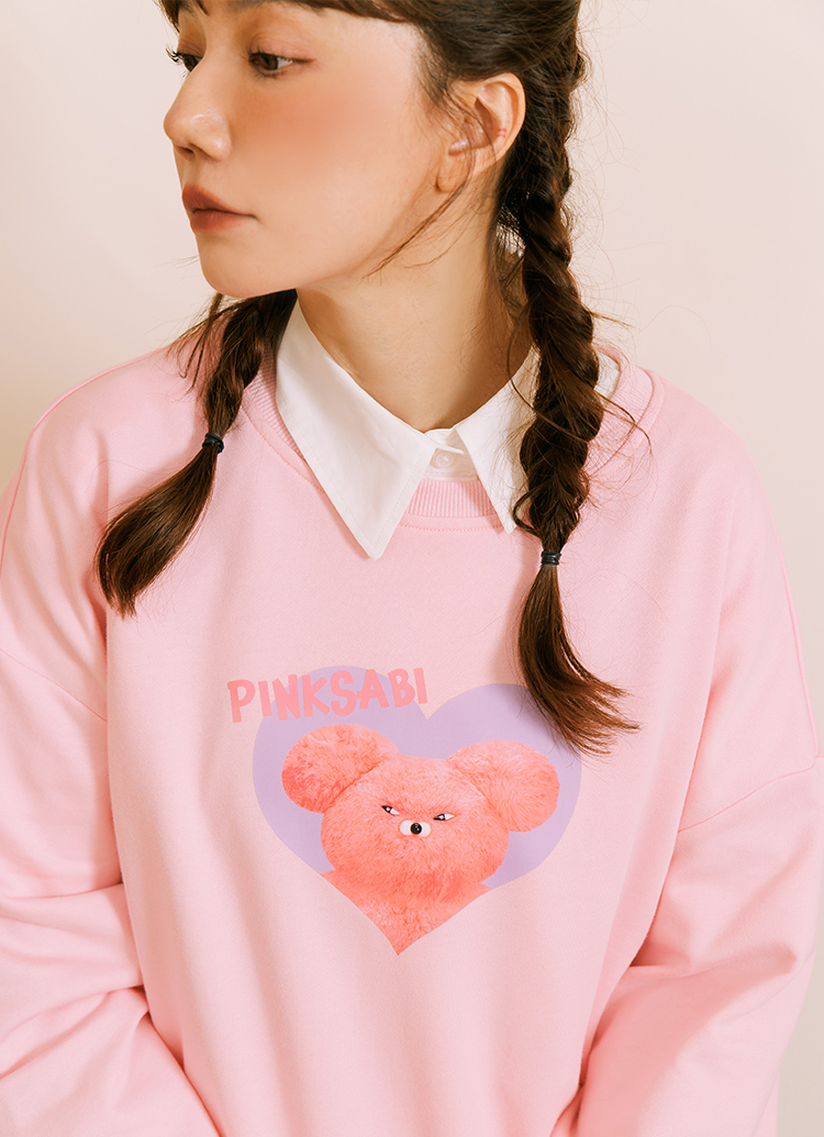 GraceGift Wasabi Bear聯名 粉芥末熊 小臉印花大學T 粉紅色 實拍圖