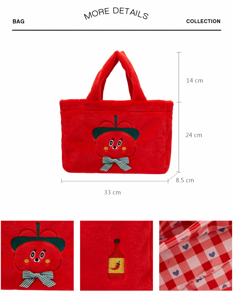 Grace Gift 平價女鞋 Wasabi Bear 聯名 辣椒醬熊 格紋絨毛電繡 托特包 正紅色 實拍圖