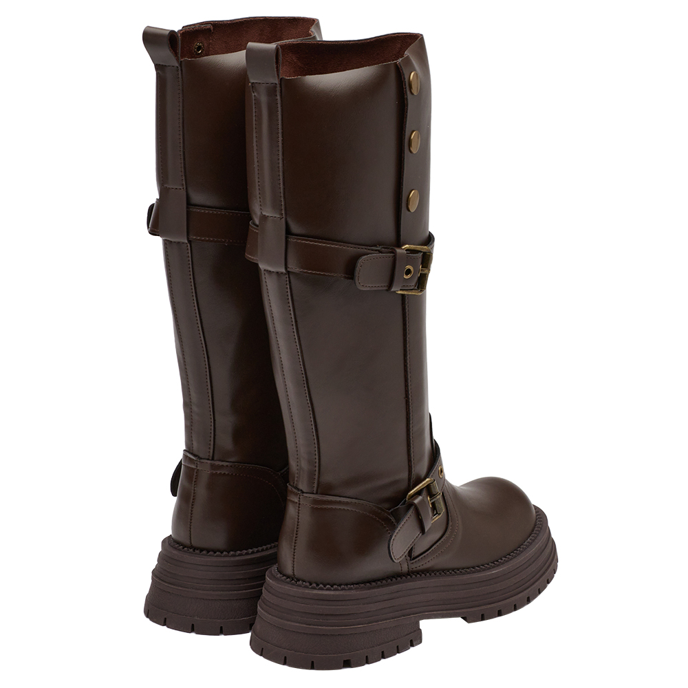 聖水街頭2WAY反折皮帶卯釘顯瘦長靴 咖