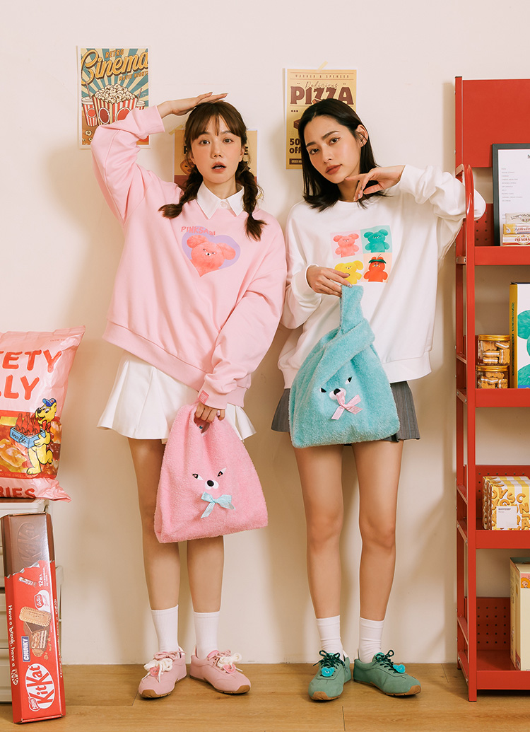 Grace Gift Wasabi Bear 聯名 粉芥末熊 絨毛蝴蝶結手提袋 粉紅色 可愛提袋 實拍圖