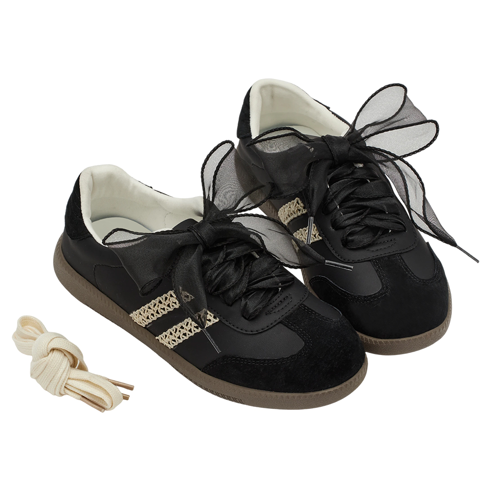 GraceGift 平價女鞋 復古摩登 真皮拼接薄底德訓鞋 附柔光紗帶 黑色 實品圖