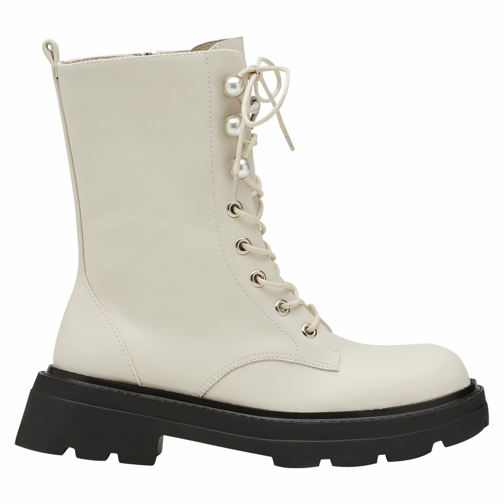 小貓聯名-名媛微光珍珠輕量厚底綁帶靴 米白