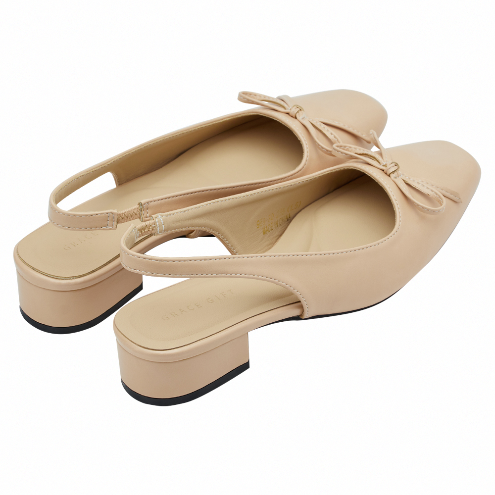 GraceGift平價女鞋 時尚秀場 方頭 韓系清新蝴蝶結後空跟鞋 粉紅色