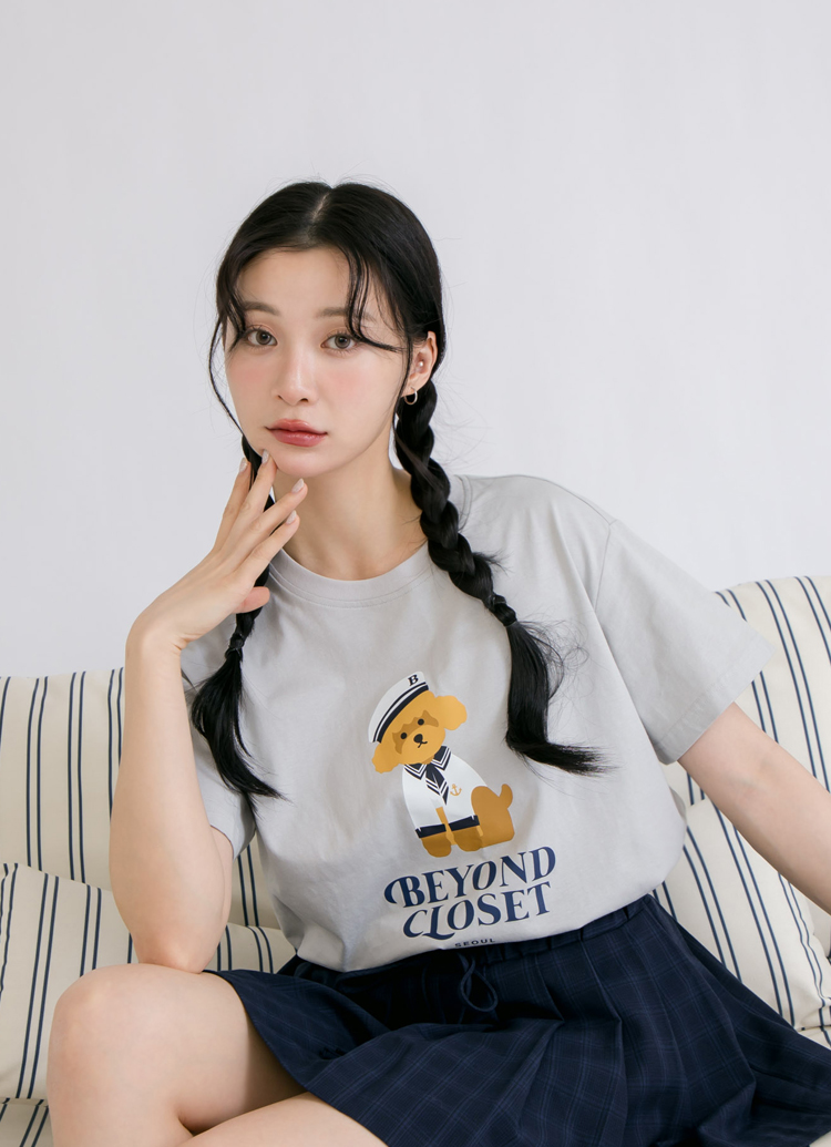 韓國Beyond Closet 水手貴賓印花短版T-shirt 淺灰