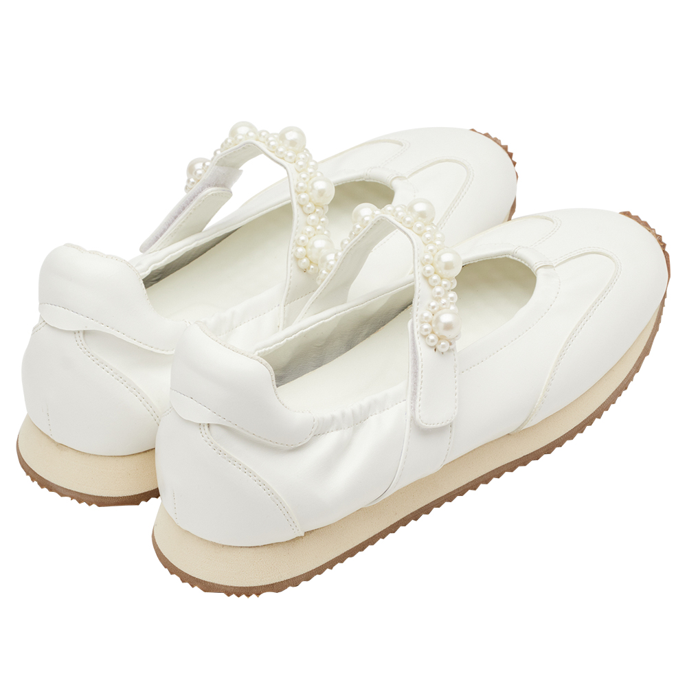 珍珠小花條帶魔鬼氈芭蕾舞瑪莉珍鞋 米白