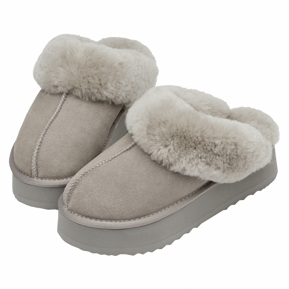 牛麂皮羊毛厚底雪地拖鞋 灰