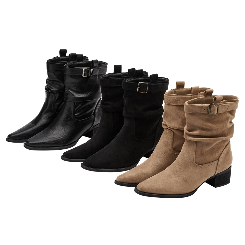 悅悅聯名-都會格調尖頭絨布2way堆堆低跟西部靴 黑絨布