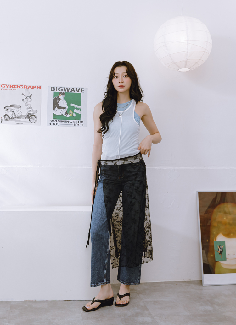 GraceGift 平價女鞋 時尚秀場 方頭 韓系慵懶人字中跟拖鞋 黑色