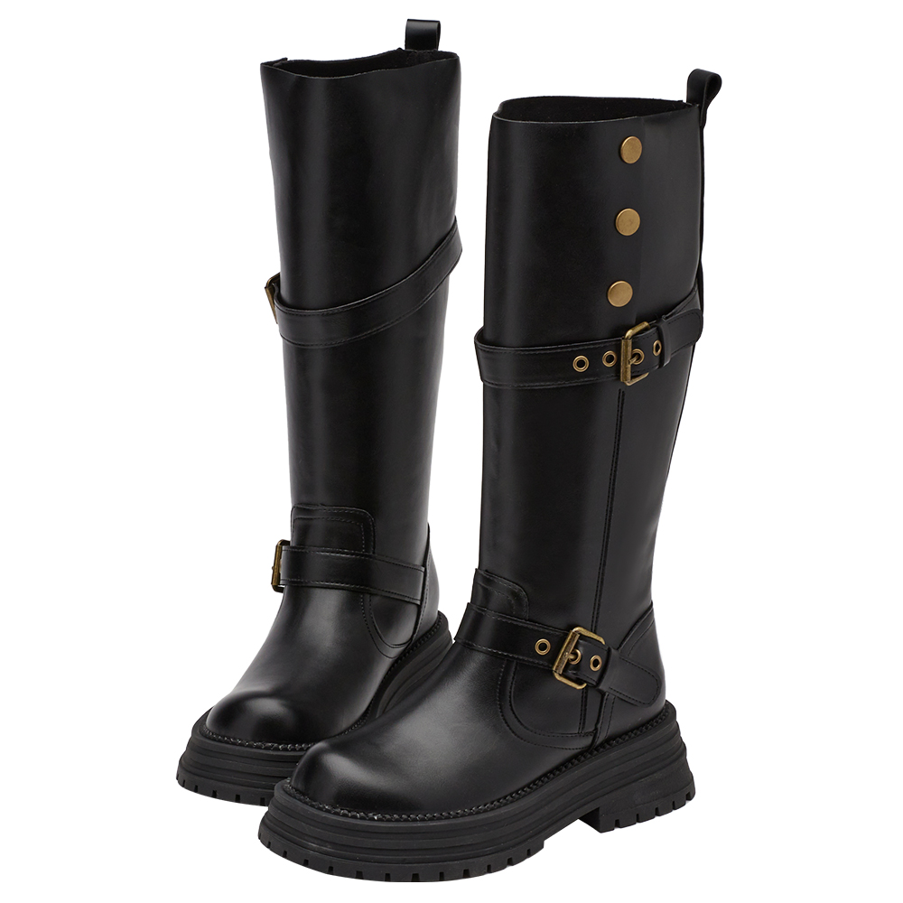 聖水街頭2WAY反折皮帶卯釘顯瘦長靴 黑