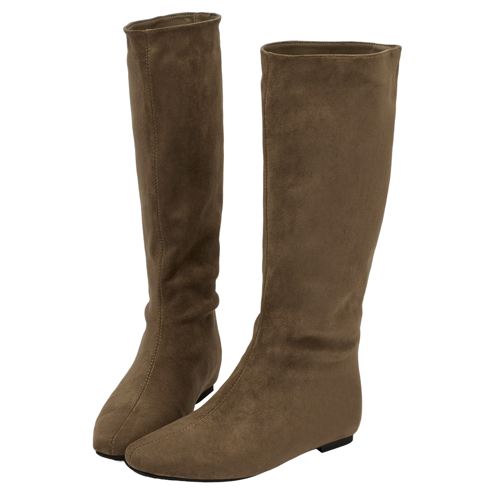 柔感美腿方頭絨布內增高堆堆長靴 淺駝