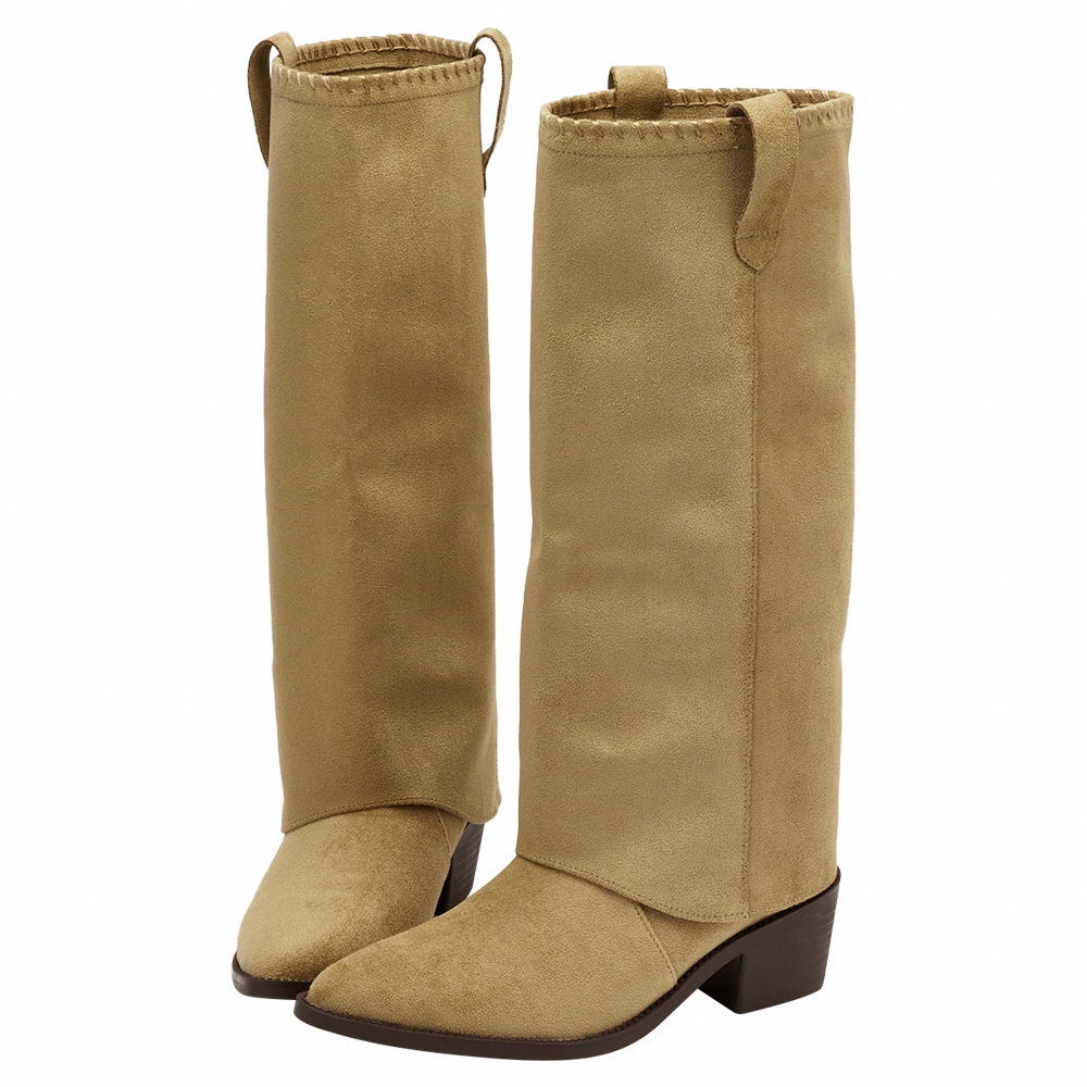 超模尖頭絨布2way可拆式褲管西部長靴 卡其