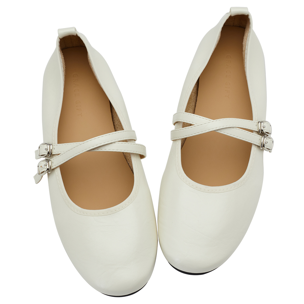 GraceGift平價女鞋 時尚秀場 圓頭 奶油雲朵極軟加厚乳膠芭蕾瑪莉珍鞋 米白色