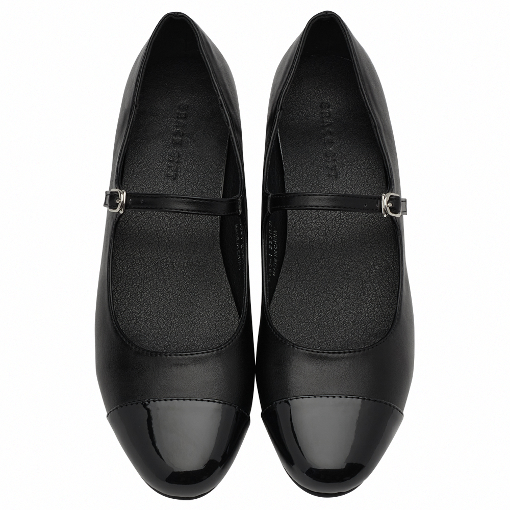 GraceGift平價女鞋 時尚秀場 圓頭 經典法式雙色小香風低跟瑪莉珍鞋  黑色