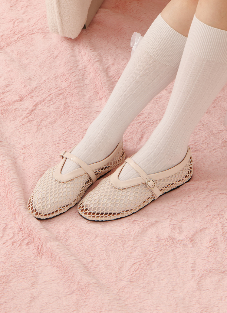 GraceGift 平價女鞋 個性網面 細閃芭蕾舞娃娃鞋 杏色 平底娃娃鞋 實拍圖