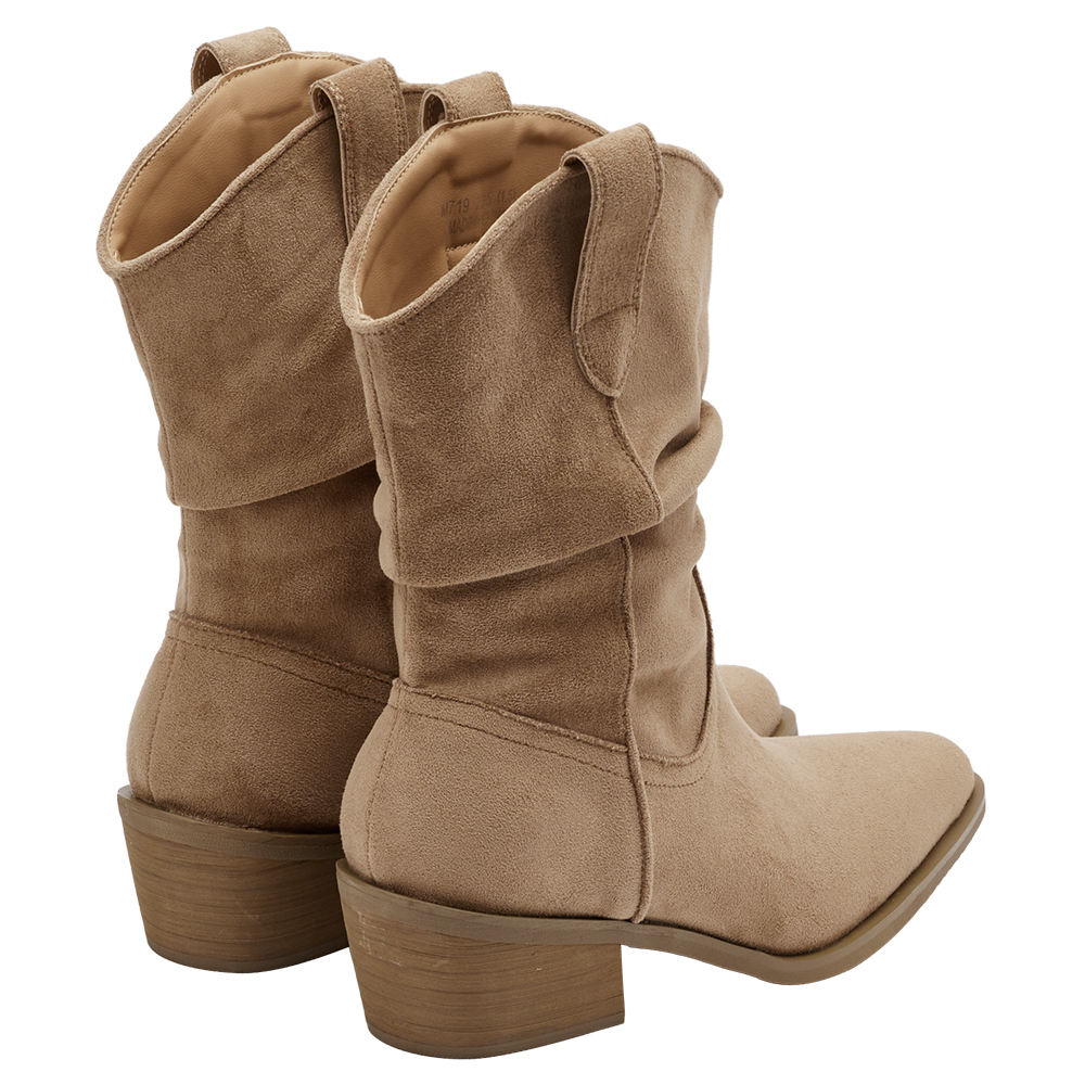 波希米亞尖頭V口絨布堆堆西部靴 駝