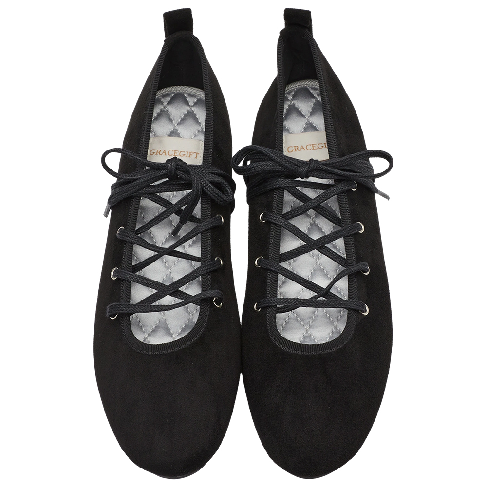 可可芭蕾絨面交叉綁繩芭蕾舞平底鞋 黑