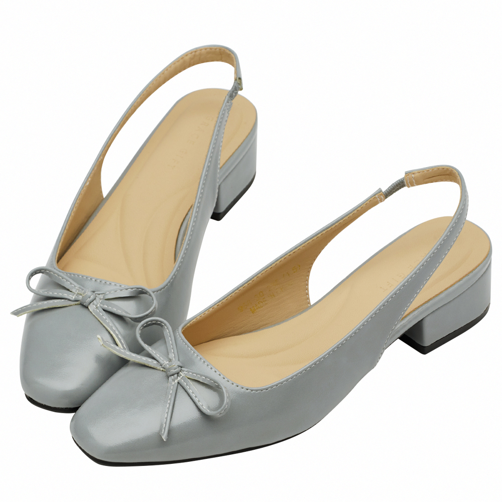 GraceGift平價女鞋 時尚秀場 方頭 韓系清新蝴蝶結後空跟鞋 藍灰色