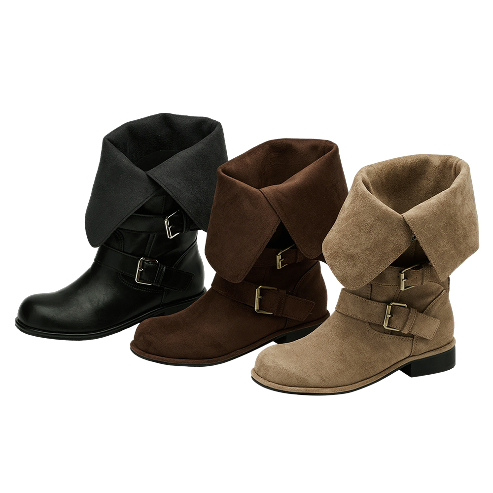 韓系街拍絨布2WAY皮帶釦騎士靴 咖